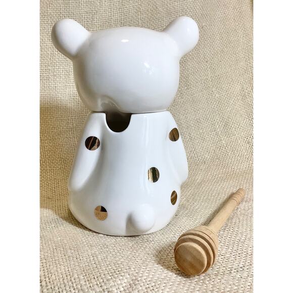 CIROA stoneware Hello Honey teddy bear gold polka dots honey pot jar w/ dipper - Picture 3 of 7